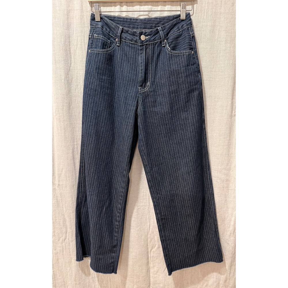 Forever 21 x SHEIN Pinstripe Wide Leg Jeans Dark Wash High Rise Retro Preppy/27
